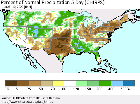 United States Percent of Normal Precipitation 5-Day (CHIRPS) Thematic Map For 6/6/2020 - 6/10/2020