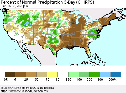 United States Percent of Normal Precipitation 5-Day (CHIRPS) Thematic Map For 6/16/2020 - 6/20/2020