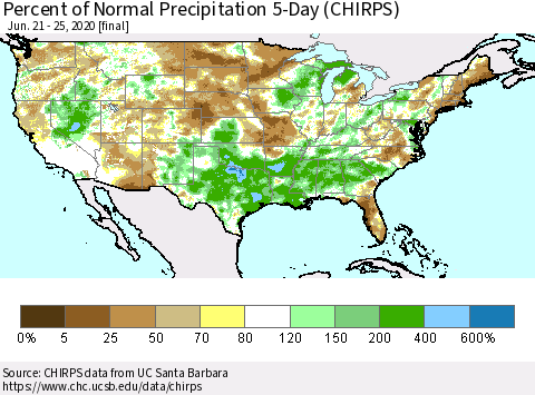 United States Percent of Normal Precipitation 5-Day (CHIRPS) Thematic Map For 6/21/2020 - 6/25/2020