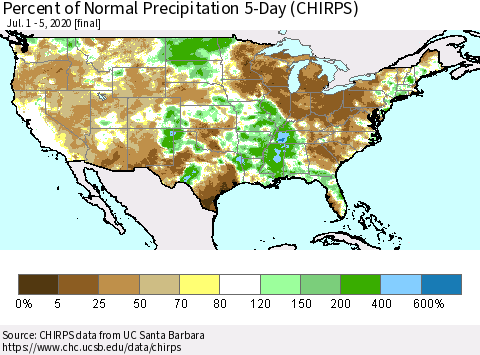 United States Percent of Normal Precipitation 5-Day (CHIRPS) Thematic Map For 7/1/2020 - 7/5/2020