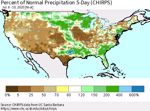 United States Percent of Normal Precipitation 5-Day (CHIRPS) Thematic Map For 7/6/2020 - 7/10/2020