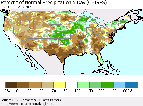 United States Percent of Normal Precipitation 5-Day (CHIRPS) Thematic Map For 7/11/2020 - 7/15/2020