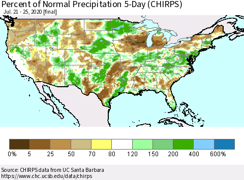 United States Percent of Normal Precipitation 5-Day (CHIRPS) Thematic Map For 7/21/2020 - 7/25/2020