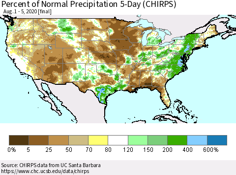 United States Percent of Normal Precipitation 5-Day (CHIRPS) Thematic Map For 8/1/2020 - 8/5/2020