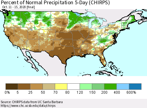 United States Percent of Normal Precipitation 5-Day (CHIRPS) Thematic Map For 10/11/2020 - 10/15/2020