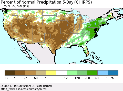 United States Percent of Normal Precipitation 5-Day (CHIRPS) Thematic Map For 12/21/2020 - 12/25/2020