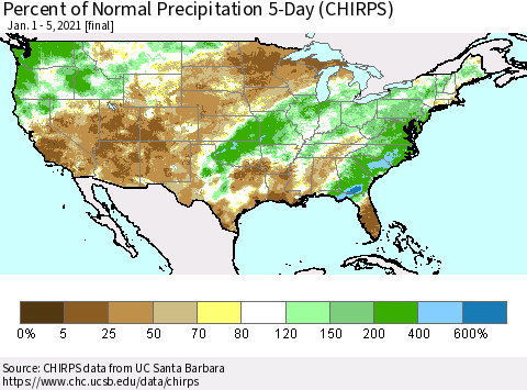 United States Percent of Normal Precipitation 5-Day (CHIRPS) Thematic Map For 1/1/2021 - 1/5/2021