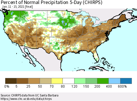 United States Percent of Normal Precipitation 5-Day (CHIRPS) Thematic Map For 1/11/2021 - 1/15/2021