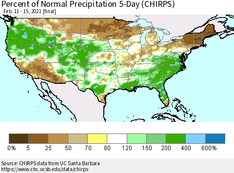 United States Percent of Normal Precipitation 5-Day (CHIRPS) Thematic Map For 2/11/2021 - 2/15/2021