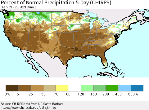 United States Percent of Normal Precipitation 5-Day (CHIRPS) Thematic Map For 2/21/2021 - 2/25/2021
