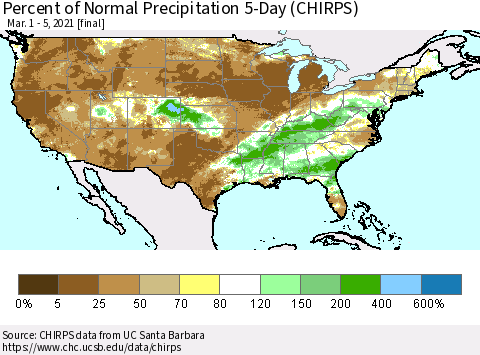 United States Percent of Normal Precipitation 5-Day (CHIRPS) Thematic Map For 3/1/2021 - 3/5/2021
