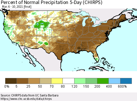 United States Percent of Normal Precipitation 5-Day (CHIRPS) Thematic Map For 3/6/2021 - 3/10/2021