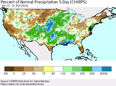 United States Percent of Normal Precipitation 5-Day (CHIRPS) Thematic Map For 3/21/2021 - 3/25/2021
