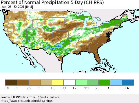 United States Percent of Normal Precipitation 5-Day (CHIRPS) Thematic Map For 4/26/2021 - 4/30/2021