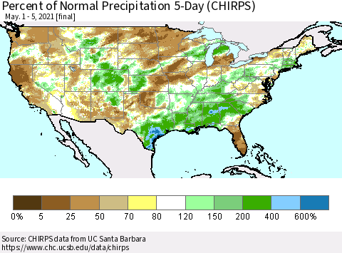 United States Percent of Normal Precipitation 5-Day (CHIRPS) Thematic Map For 5/1/2021 - 5/5/2021