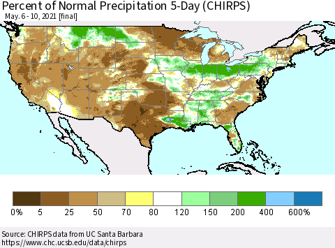 United States Percent of Normal Precipitation 5-Day (CHIRPS) Thematic Map For 5/6/2021 - 5/10/2021