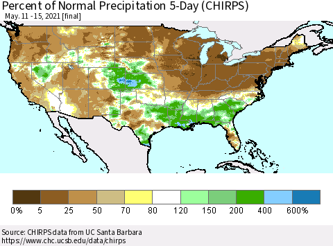 United States Percent of Normal Precipitation 5-Day (CHIRPS) Thematic Map For 5/11/2021 - 5/15/2021