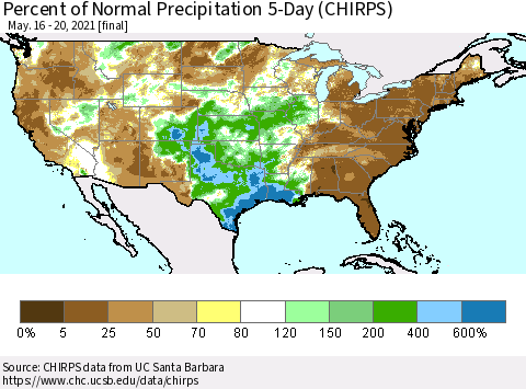 United States Percent of Normal Precipitation 5-Day (CHIRPS) Thematic Map For 5/16/2021 - 5/20/2021