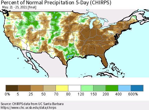 United States Percent of Normal Precipitation 5-Day (CHIRPS) Thematic Map For 5/21/2021 - 5/25/2021