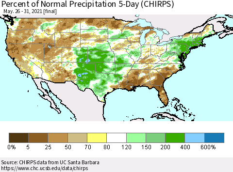 United States Percent of Normal Precipitation 5-Day (CHIRPS) Thematic Map For 5/26/2021 - 5/31/2021