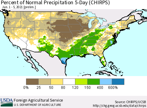 United States Percent of Normal Precipitation 5-Day (CHIRPS) Thematic Map For 6/1/2021 - 6/5/2021