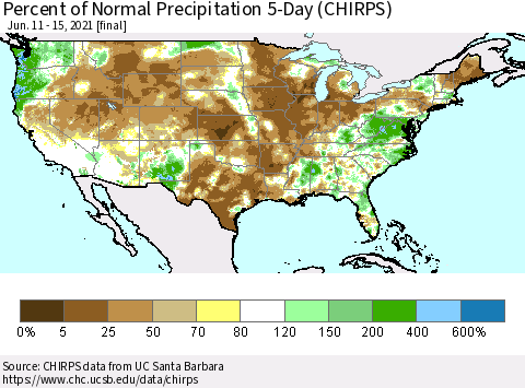 United States Percent of Normal Precipitation 5-Day (CHIRPS) Thematic Map For 6/11/2021 - 6/15/2021