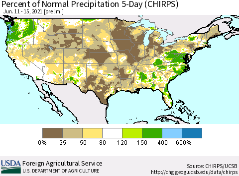 United States Percent of Normal Precipitation 5-Day (CHIRPS) Thematic Map For 6/11/2021 - 6/15/2021