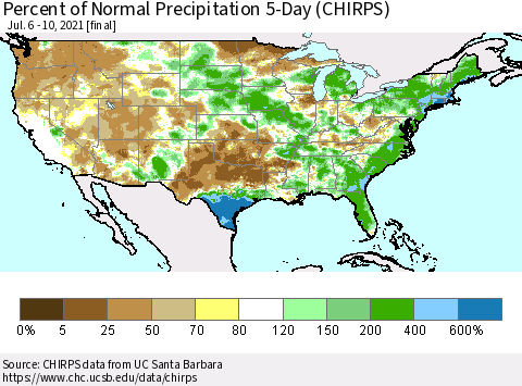 United States Percent of Normal Precipitation 5-Day (CHIRPS) Thematic Map For 7/6/2021 - 7/10/2021