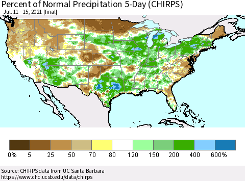 United States Percent of Normal Precipitation 5-Day (CHIRPS) Thematic Map For 7/11/2021 - 7/15/2021