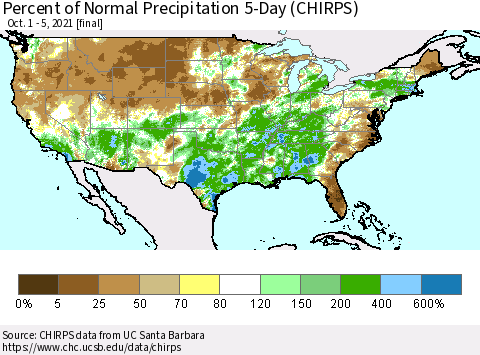 United States Percent of Normal Precipitation 5-Day (CHIRPS) Thematic Map For 10/1/2021 - 10/5/2021