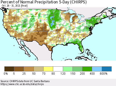 United States Percent of Normal Precipitation 5-Day (CHIRPS) Thematic Map For 10/26/2021 - 10/31/2021