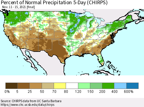 United States Percent of Normal Precipitation 5-Day (CHIRPS) Thematic Map For 11/11/2021 - 11/15/2021