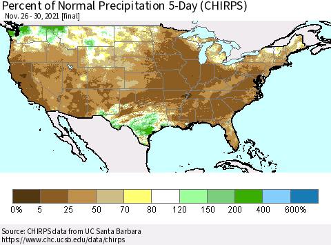 United States Percent of Normal Precipitation 5-Day (CHIRPS) Thematic Map For 11/26/2021 - 11/30/2021