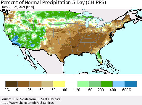 United States Percent of Normal Precipitation 5-Day (CHIRPS) Thematic Map For 12/21/2021 - 12/25/2021