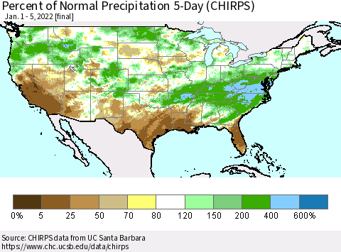 United States Percent of Normal Precipitation 5-Day (CHIRPS) Thematic Map For 1/1/2022 - 1/5/2022