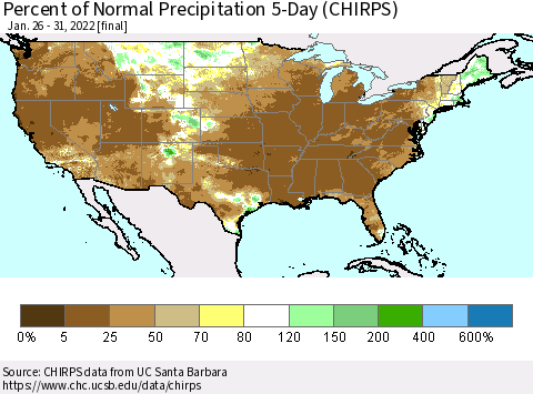 United States Percent of Normal Precipitation 5-Day (CHIRPS) Thematic Map For 1/26/2022 - 1/31/2022