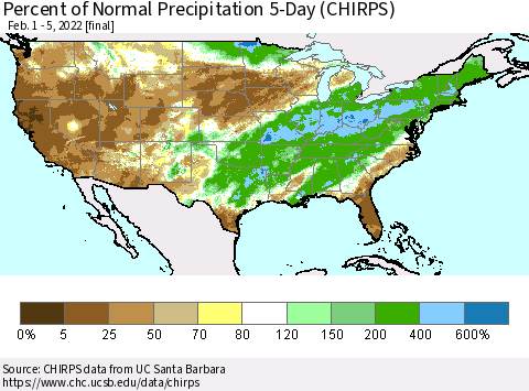 United States Percent of Normal Precipitation 5-Day (CHIRPS) Thematic Map For 2/1/2022 - 2/5/2022