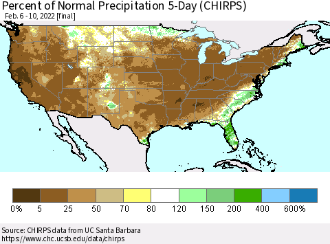 United States Percent of Normal Precipitation 5-Day (CHIRPS) Thematic Map For 2/6/2022 - 2/10/2022