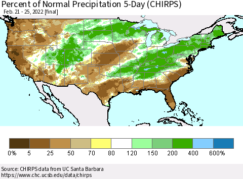 United States Percent of Normal Precipitation 5-Day (CHIRPS) Thematic Map For 2/21/2022 - 2/25/2022