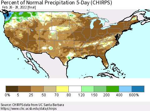 United States Percent of Normal Precipitation 5-Day (CHIRPS) Thematic Map For 2/26/2022 - 2/28/2022