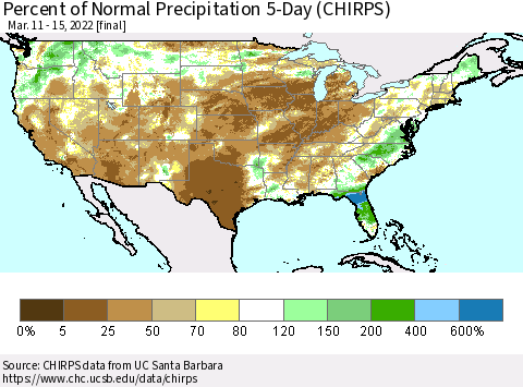 United States Percent of Normal Precipitation 5-Day (CHIRPS) Thematic Map For 3/11/2022 - 3/15/2022