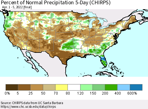 United States Percent of Normal Precipitation 5-Day (CHIRPS) Thematic Map For 4/1/2022 - 4/5/2022