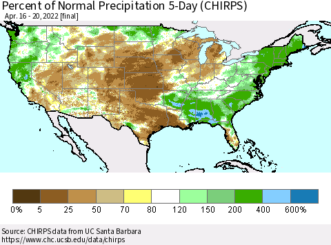 United States Percent of Normal Precipitation 5-Day (CHIRPS) Thematic Map For 4/16/2022 - 4/20/2022