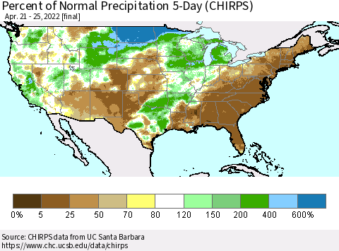 United States Percent of Normal Precipitation 5-Day (CHIRPS) Thematic Map For 4/21/2022 - 4/25/2022
