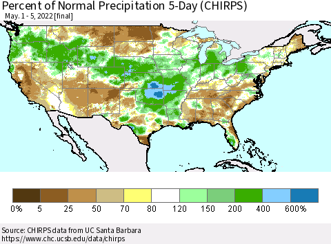 United States Percent of Normal Precipitation 5-Day (CHIRPS) Thematic Map For 5/1/2022 - 5/5/2022