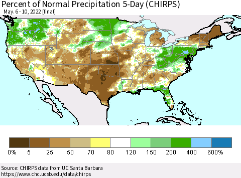United States Percent of Normal Precipitation 5-Day (CHIRPS) Thematic Map For 5/6/2022 - 5/10/2022