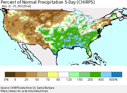 United States Percent of Normal Precipitation 5-Day (CHIRPS) Thematic Map For 5/21/2022 - 5/25/2022