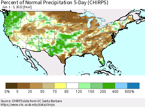 United States Percent of Normal Precipitation 5-Day (CHIRPS) Thematic Map For 6/1/2022 - 6/5/2022