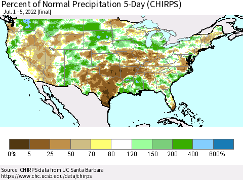 United States Percent of Normal Precipitation 5-Day (CHIRPS) Thematic Map For 7/1/2022 - 7/5/2022