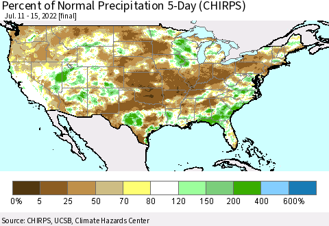 United States Percent of Normal Precipitation 5-Day (CHIRPS) Thematic Map For 7/11/2022 - 7/15/2022